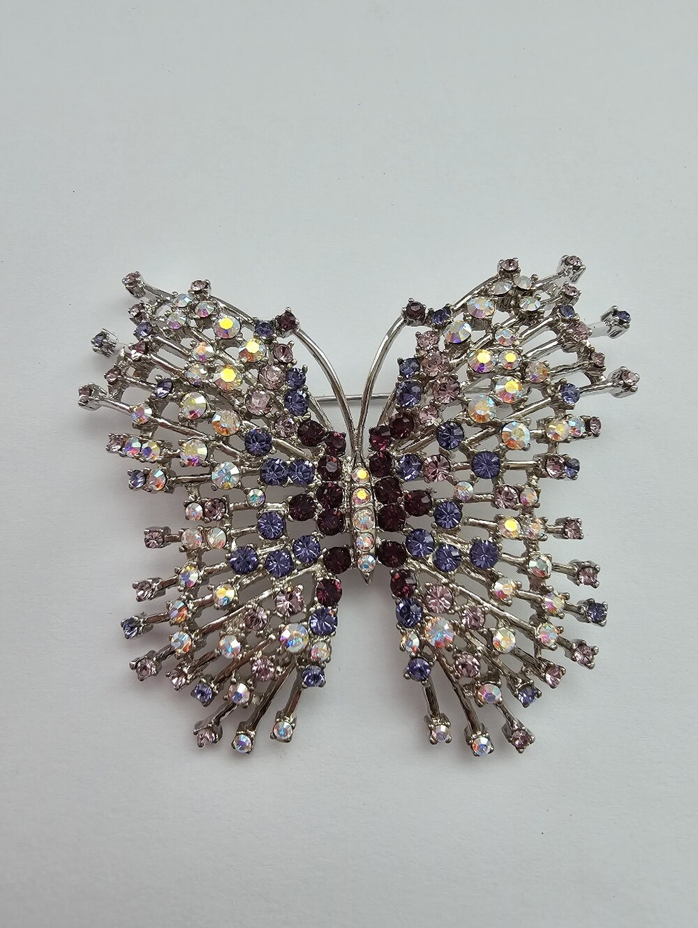 ​Nolan Miller Purple Aurora Borealis Rhinestone Butterfly Brooch Silver Tone